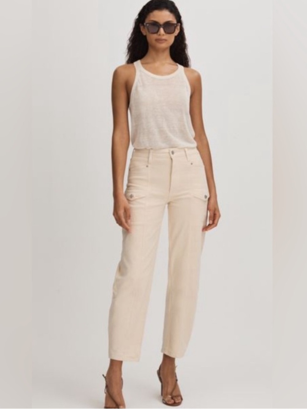 Paige ALEXIS High Waist Ankle Barrel Cargo Jeans Blonde Sand Sz 28